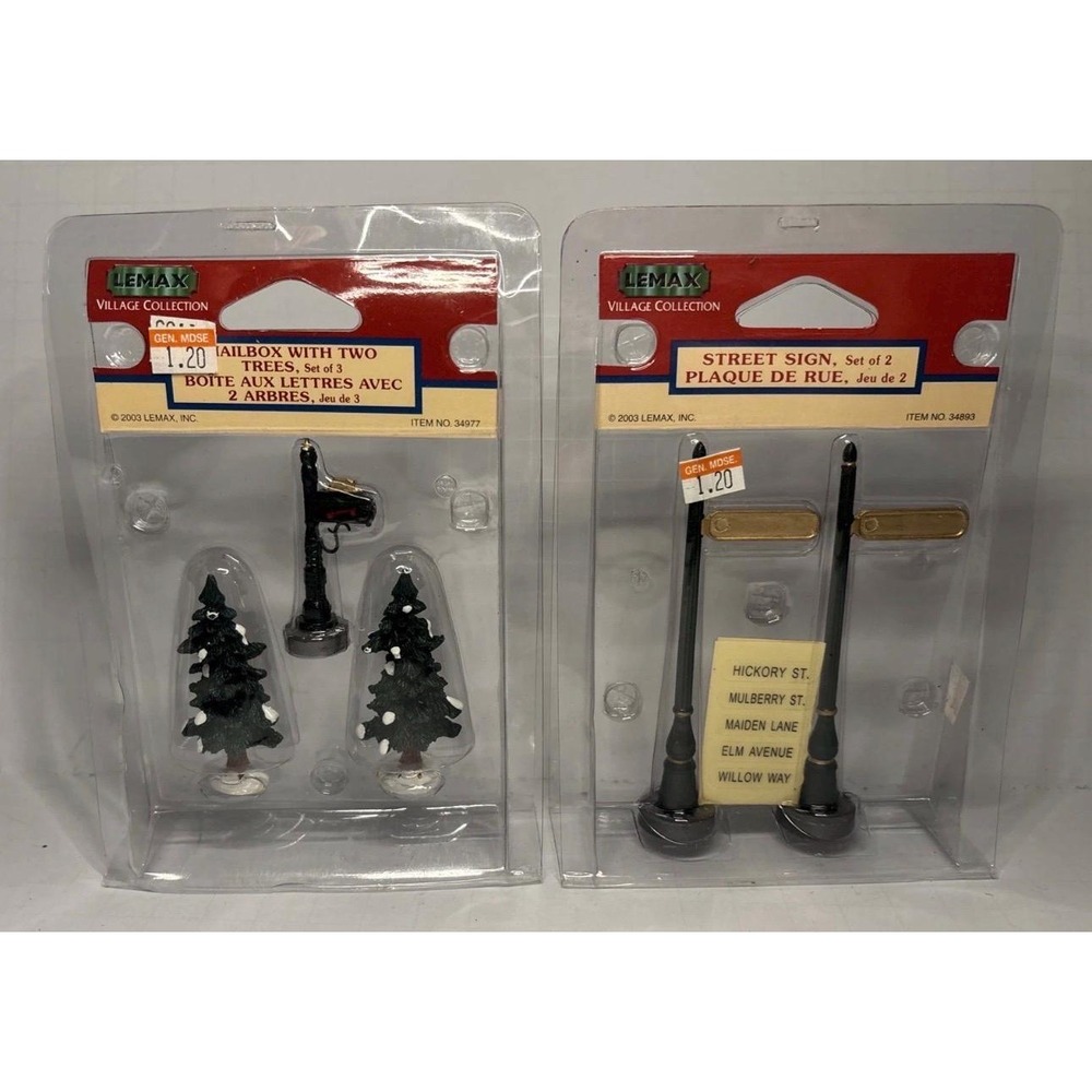 Vintage 2003 Lamax Christmas Village Collection 2 Street Signs & Mailbox 2 Trees